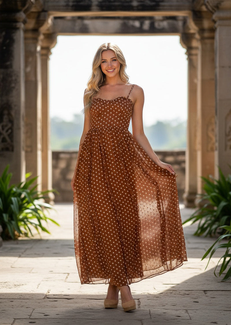EMBROIDERED FLOWER MAXI DRESS - ELEGANT AND SEXY PROM DRESS, PARTY GUEST DRESS Medium / Brown EMBROIDERED FLOWER MAXI DRESS - ELEGANT AND SEXY PROM DRESS, PARTY GUEST DRESS Medium / Brown