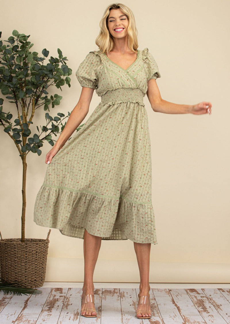 emily midi dress EMILY LACE-TRIMMED MIDI DRESS Small / Herb