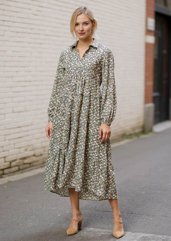 OLIVE FLORAL LONG DRESS