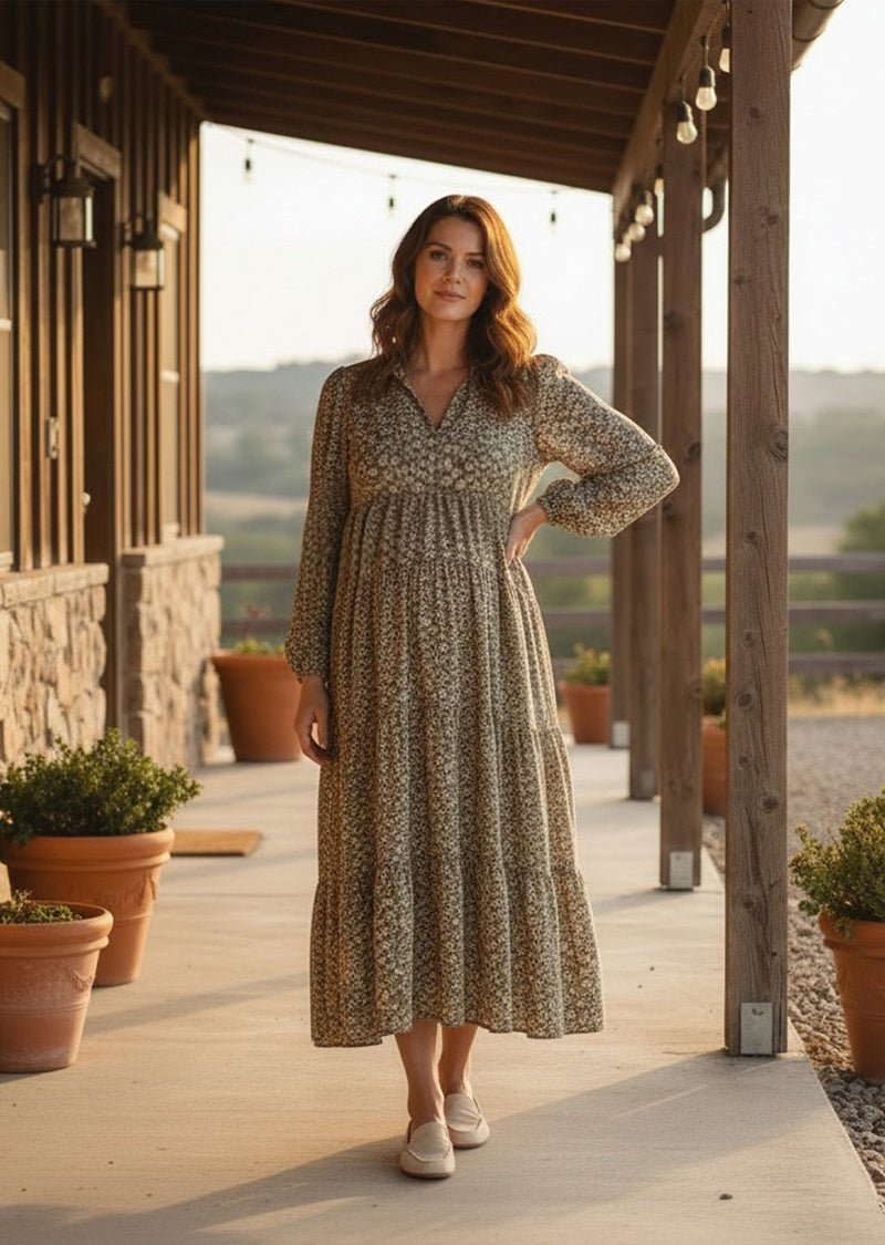 OLIVE FLORAL LONG DRESS