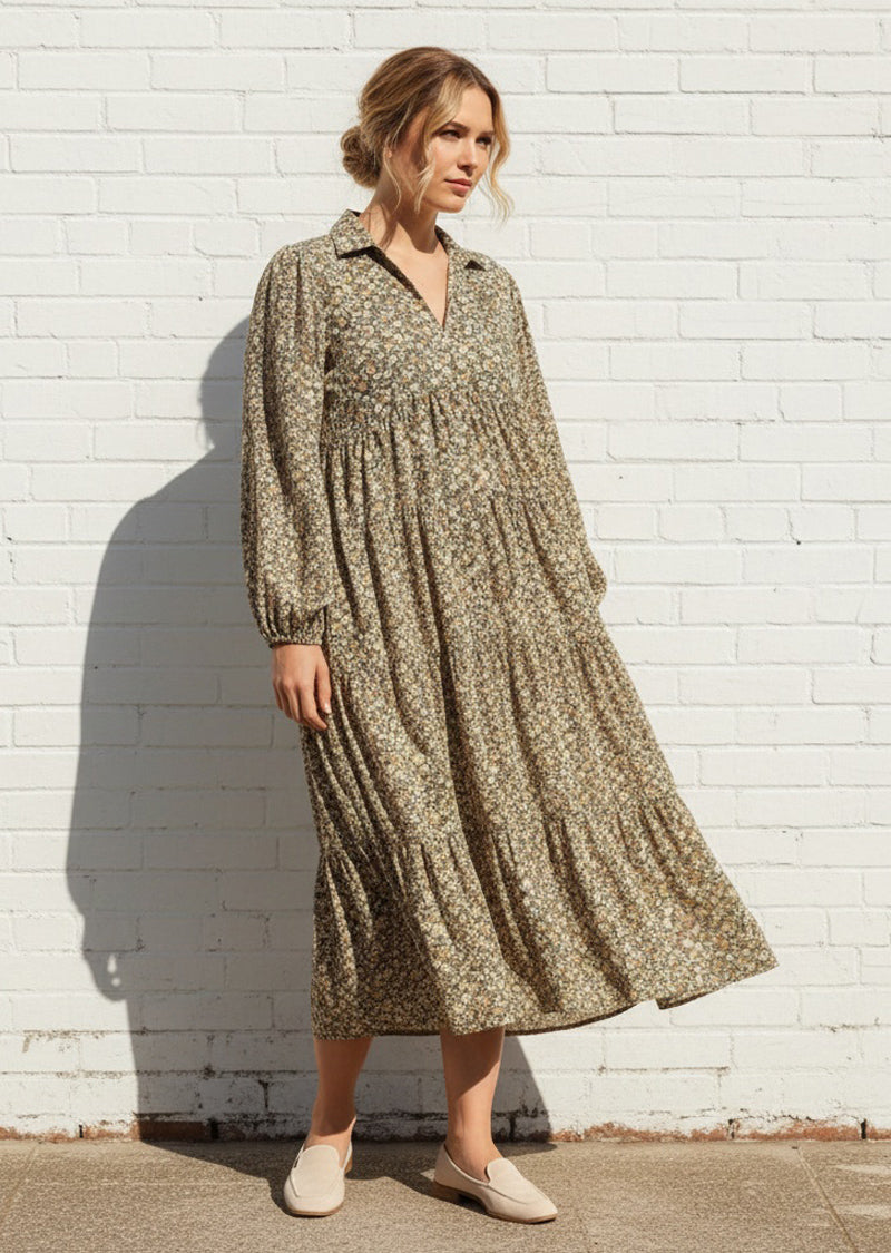 OLIVE FLORAL LONG DRESS