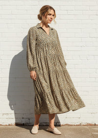 OLIVE FLORAL LONG DRESS