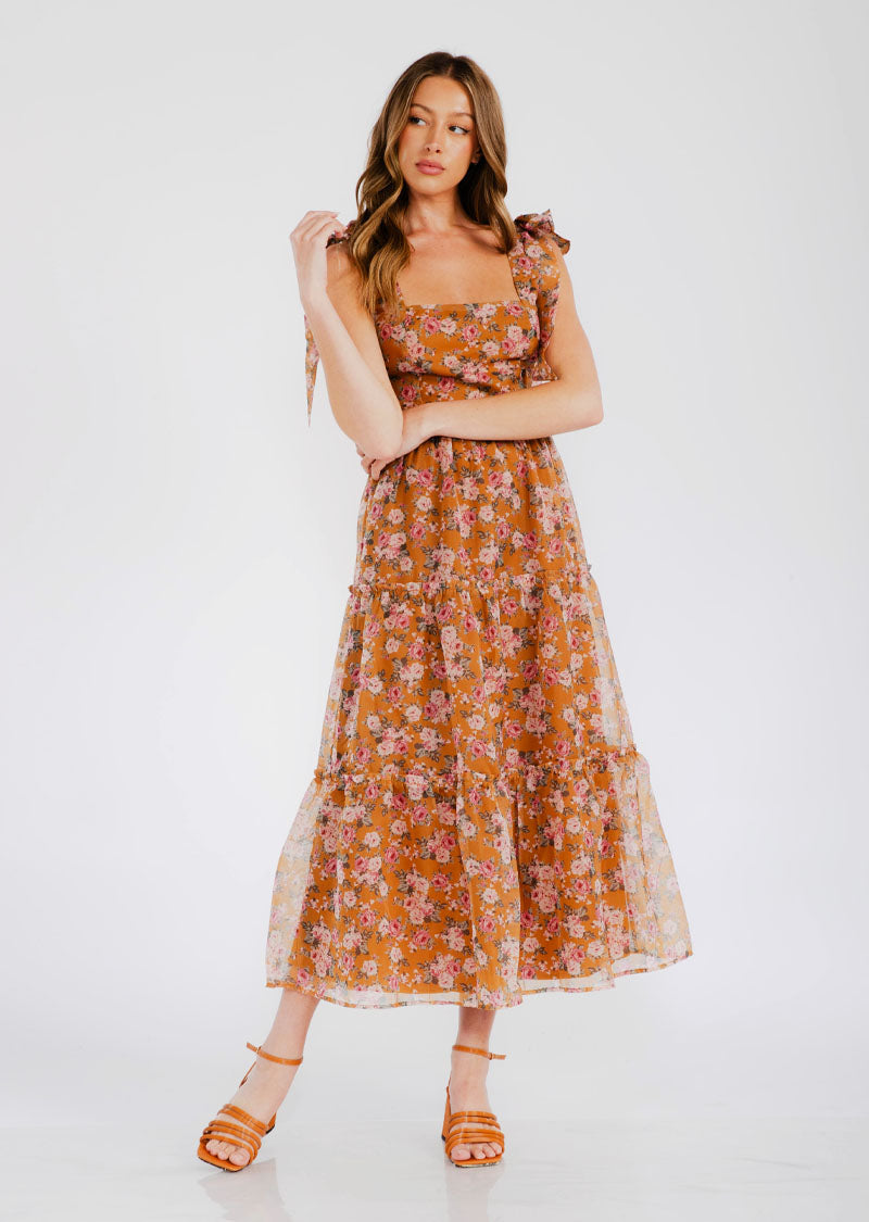 ROSE SHOULDER TIE FLORAL DRESS