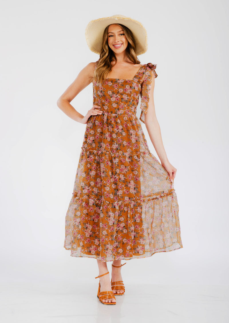 ROSE SHOULDER TIE FLORAL DRESS