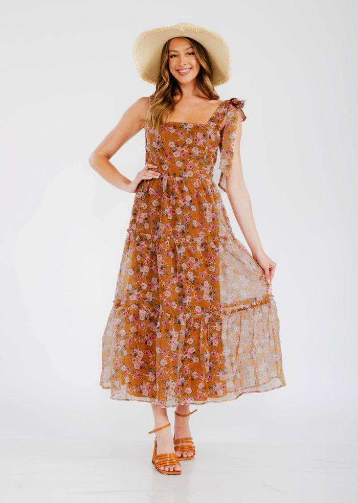 ROSE SHOULDER TIE FLORAL DRESS