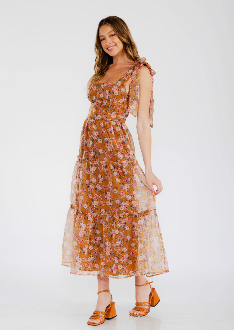 ROSE SHOULDER TIE FLORAL DRESS