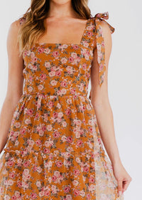 ROSE SHOULDER TIE FLORAL DRESS