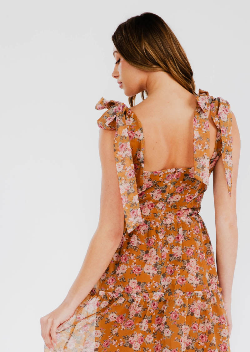 ROSE SHOULDER TIE FLORAL DRESS