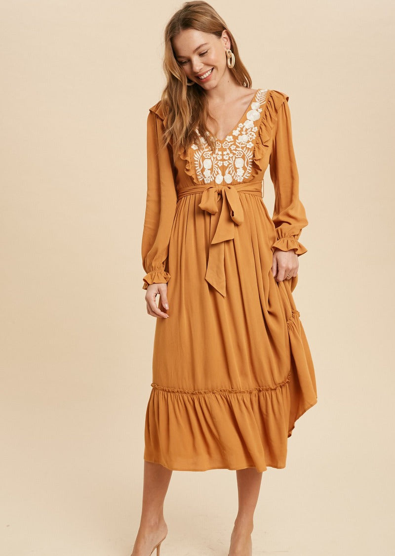 TINA EMBROIDERY RUFFLED DRESS