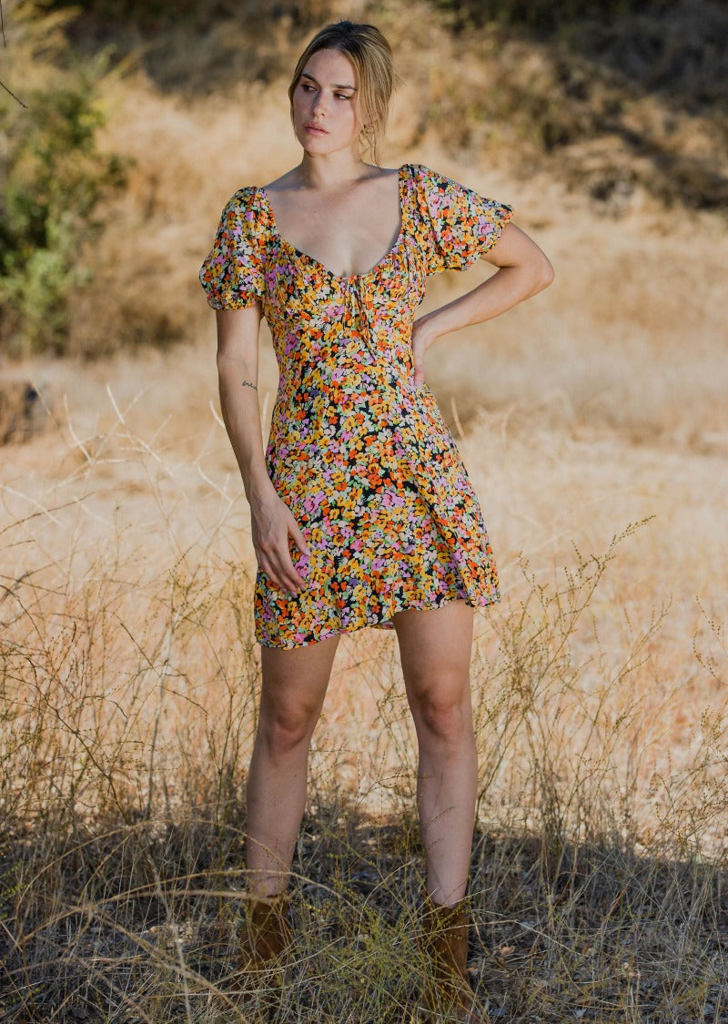 ditsy floral mini dress Roya Ditsy Blue Floral Mini Dress | Sky to Moon| Size M | Slouchy, Drop Waist, Off Shoulder, Smocked