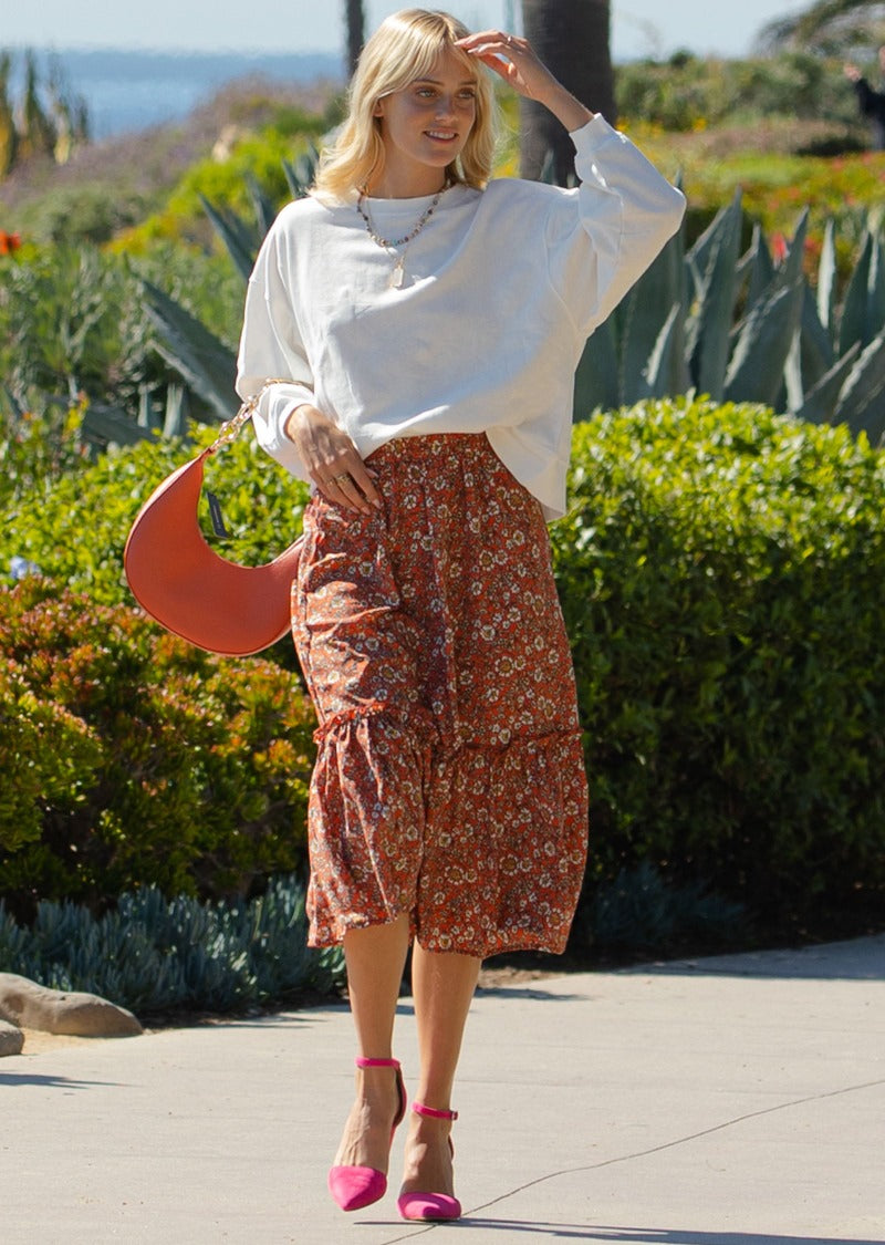 CLARA RUFFLED FLORAL MIDI SKIRT