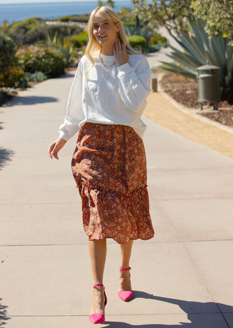 CLARA RUFFLED FLORAL MIDI SKIRT