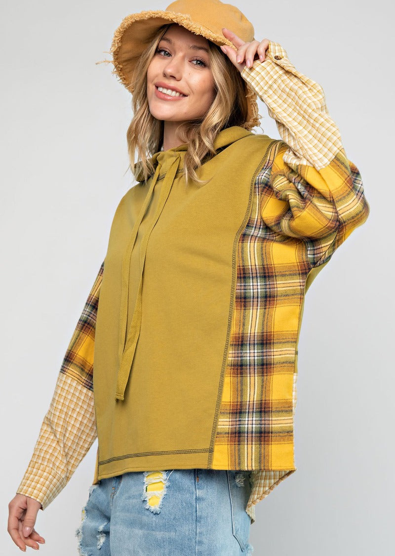 BLARE PLAID MIX HOODIE TOP