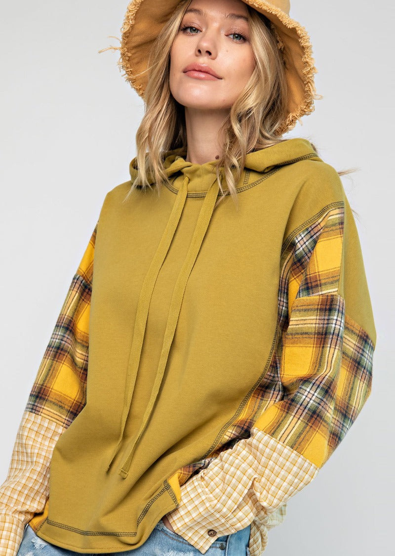 BLARE PLAID MIX HOODIE TOP